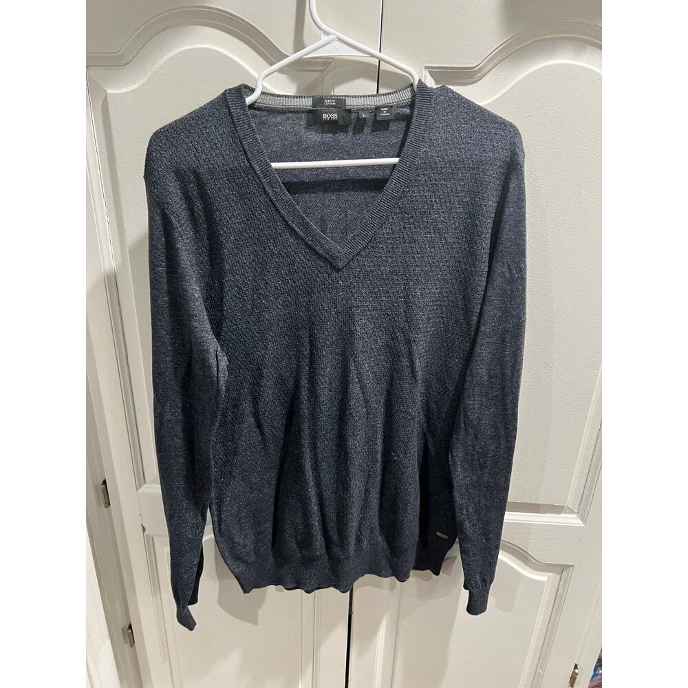 Hugo Boss V-Neck Sweater Mens L Slim Fit Gray Cotton Knit Pullover Tunisia